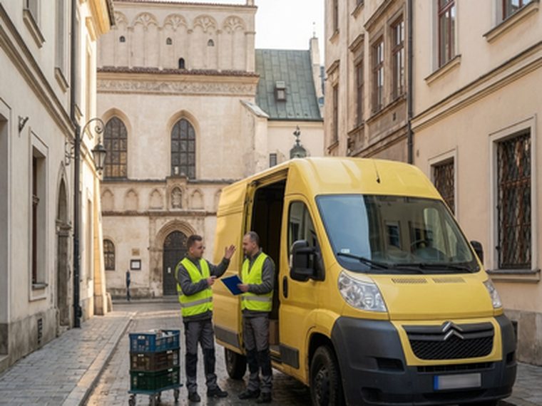 Dwóch pracowników w kamizelkach odblaskowych przy busie na krakowskiej starówce