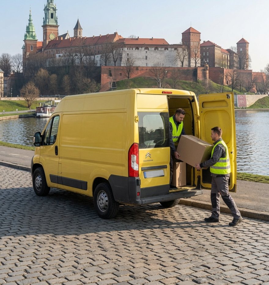 Żółty bus firmy Wywóz Gabarytów Kraków podczas załadunku nad Wisłą, w tle Wawel