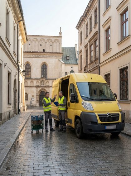 Pracownicy przygotowujący się do opróżnienia piwnicy w krakowskiej kamienicy